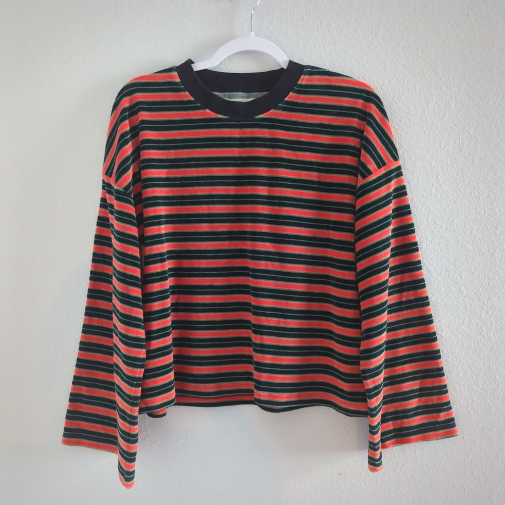 Madewell Blouse Velvet Long-Sleeve Bell Sleeves Orange Blue Green 70s Medium